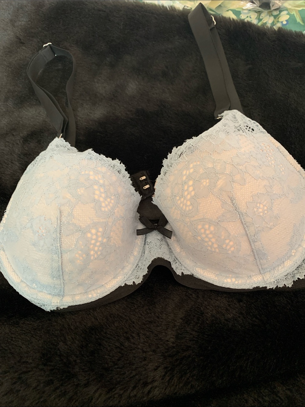 Lace Underwire Bra in Light Blue with Black Accents